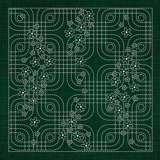 Sashiko Floral Geometric GREEN - Everything Fabric
