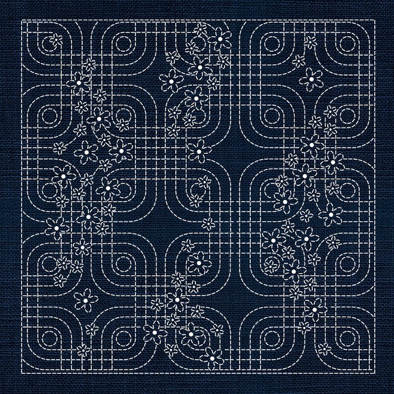 Sashiko Floral Geometric INDIGO - Everything Fabric