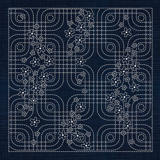 Sashiko Floral Geometric INDIGO - Everything Fabric
