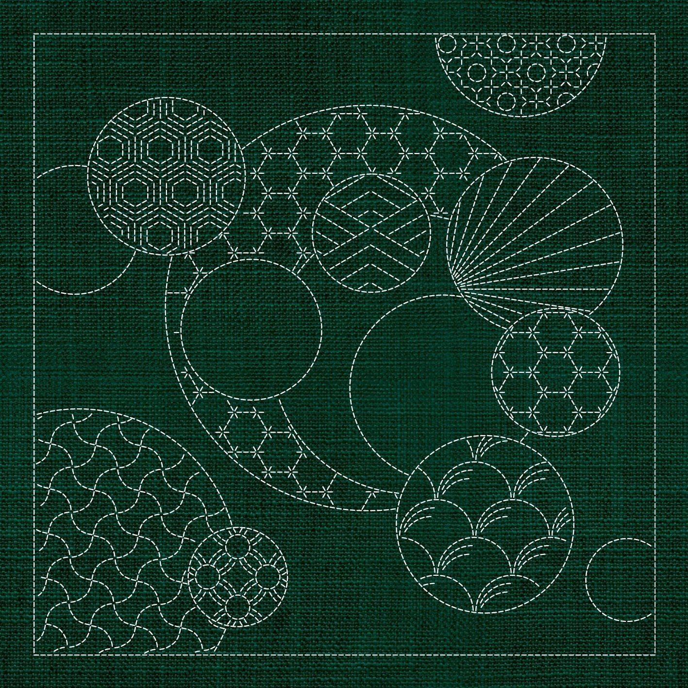 Sashiko Geometric Circles Collection – 3 Designs Green - Everything Fabric