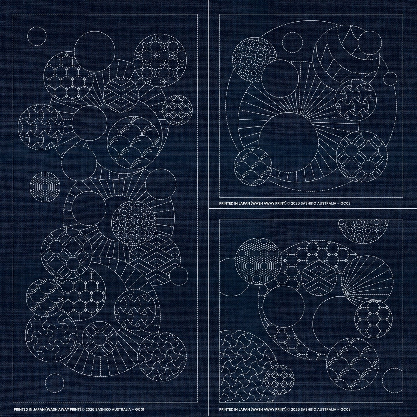 Sashiko Geometric Circles Collection – 3 Designs Green - Everything Fabric