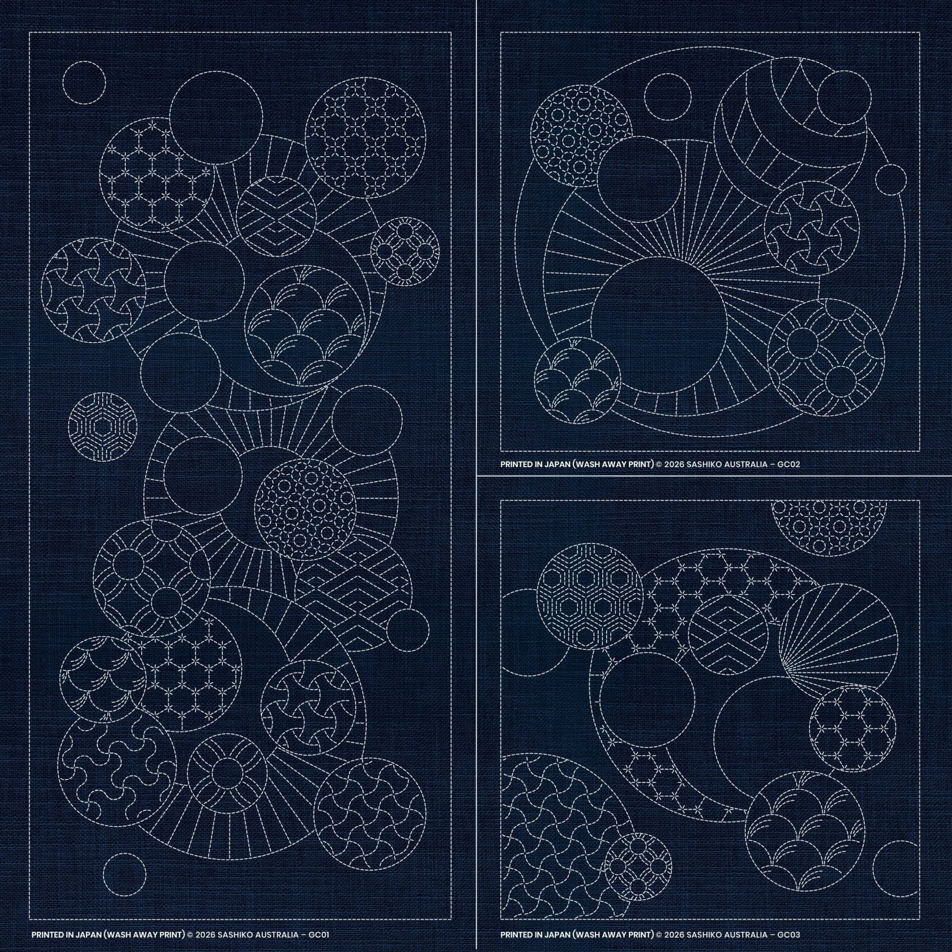 Sashiko Geometric Circles Collection – 3 Designs Green - Everything Fabric