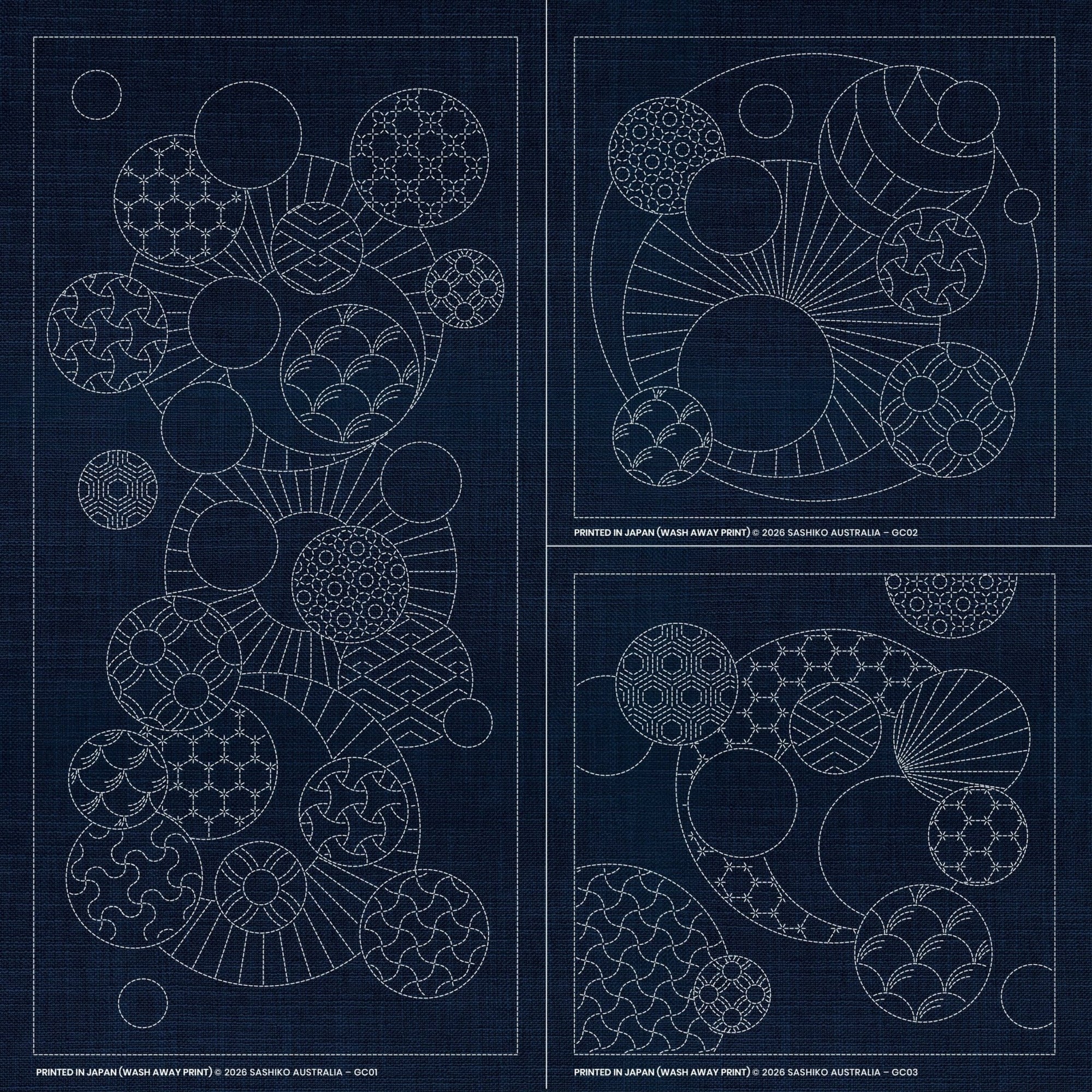 Sashiko Geometric Circles Collection – 3 Designs Green - Everything Fabric