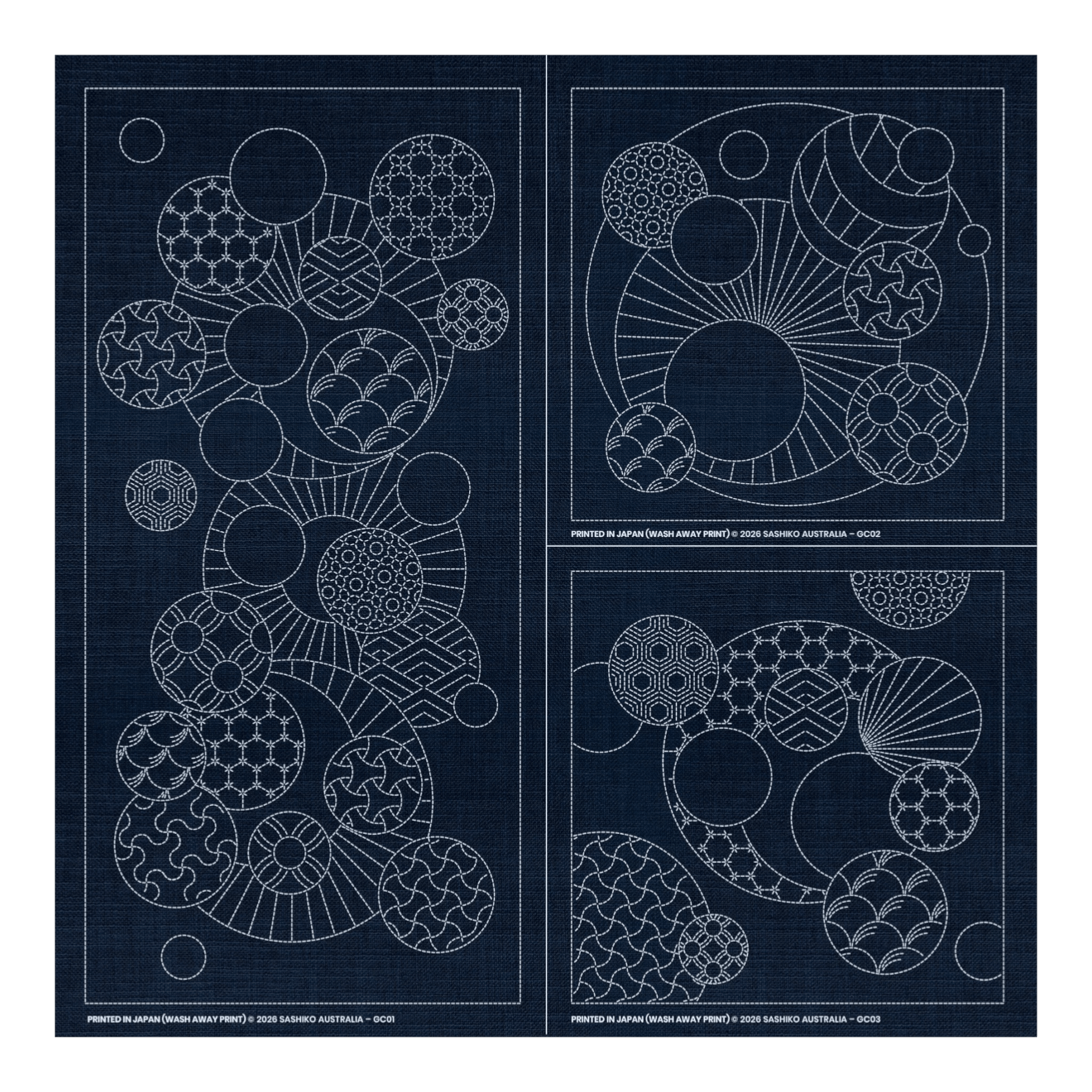 Sashiko Geometric Circles Collection – 3 Designs Indigo - Everything Fabric