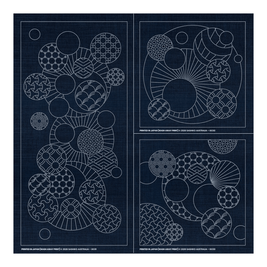 Sashiko Geometric Circles Collection – 3 Designs Indigo - Everything Fabric