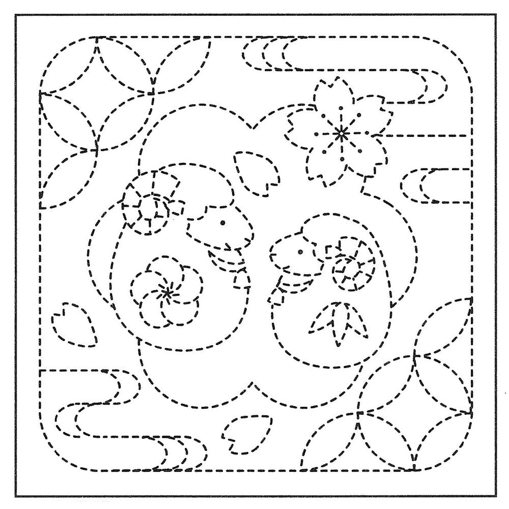 Sashiko Sampler Traditional Design Sheep & Shippo-tsunagi Navy - Everything Fabric