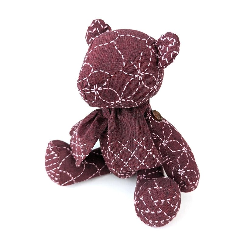 Sashiko Teddy Bear Burgundy - Everything Fabric