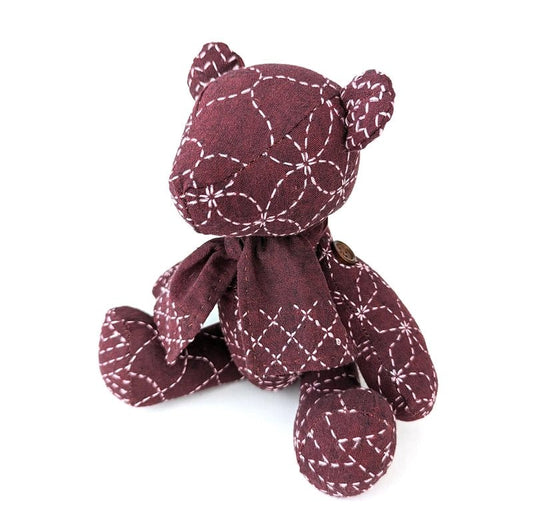 Sashiko Teddy Bear Burgundy - Everything Fabric