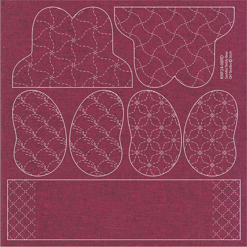 Sashiko Teddy Bear Burgundy - Everything Fabric