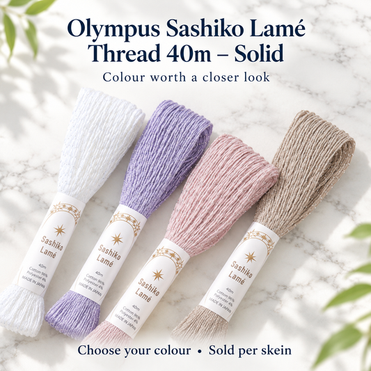 Olympus Sashiko Lamé Thread 40m – Solid | 15 Colours – representative colour choices