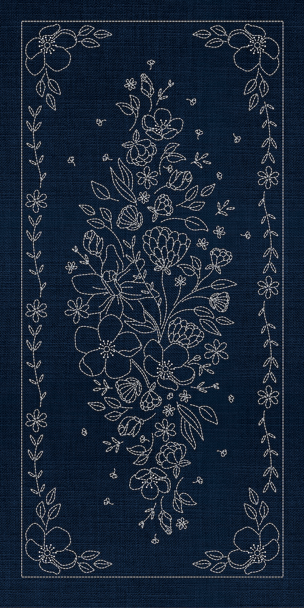 Sashiko Wildflowers 8 Panel Indigo - Everything Fabric