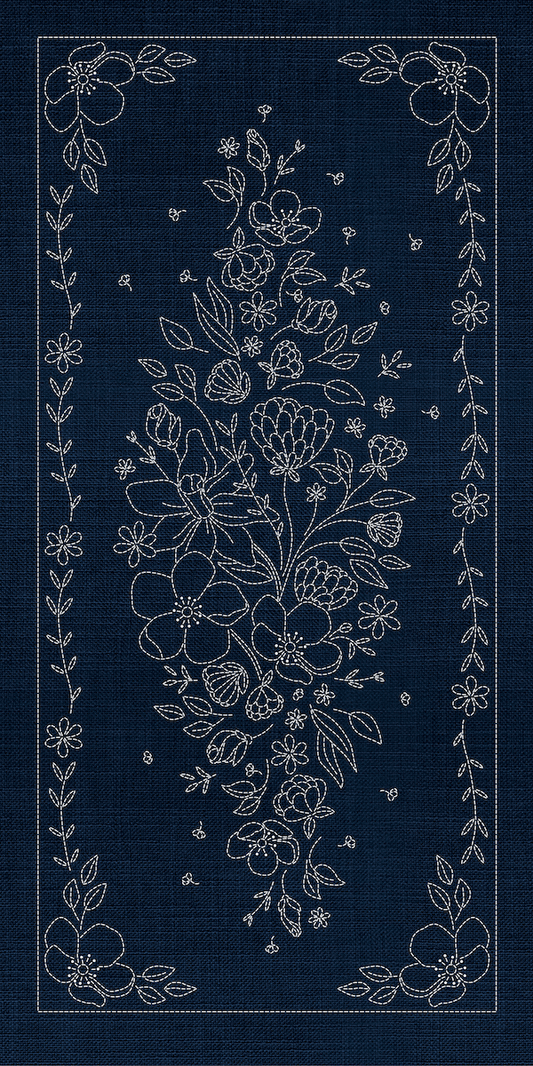 Sashiko Wildflowers 8 Panel Indigo - Everything Fabric