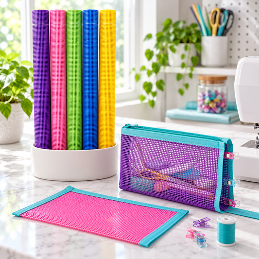 Tall slender colourful vinyl mesh rolls in a white container beside an illustrative mesh pouch and sewing project in progress