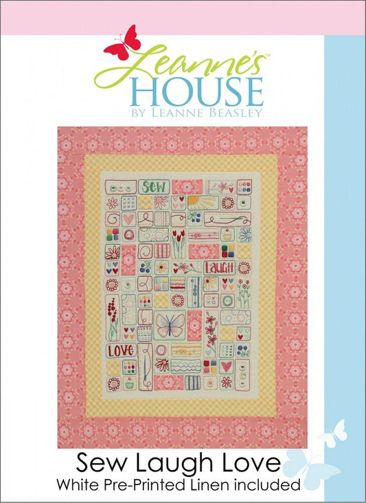 Sew Laugh Love Pre Printed on White Linen - Everything Fabric