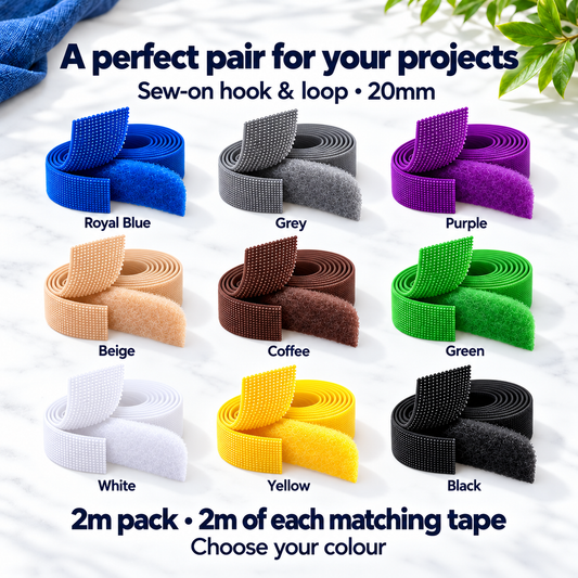 20mm sew-on two-piece hook and loop tape in all nine colour options. Bagged 2m pack includes 2m of each matching tape.