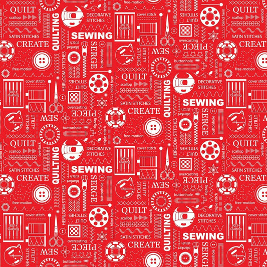 Sewing Room 2 - Red Stitches - 1 Metre Clearance - Everything Fabric