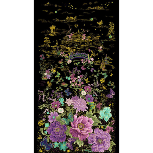 Shizuka - Black Asian Floral Butterfly Panel - Everything Fabric