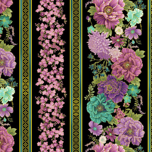 Shizuka - Black Asian Floral Stripe Metallic - Everything Fabric