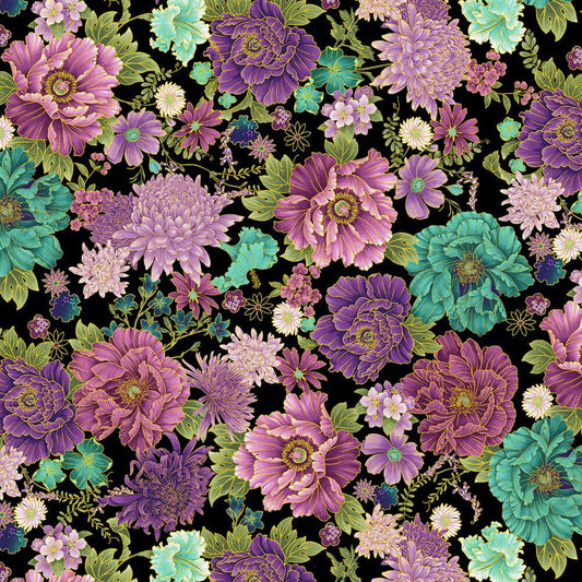 Shizuka - Black Packed Asian Floral Metallic - Everything Fabric