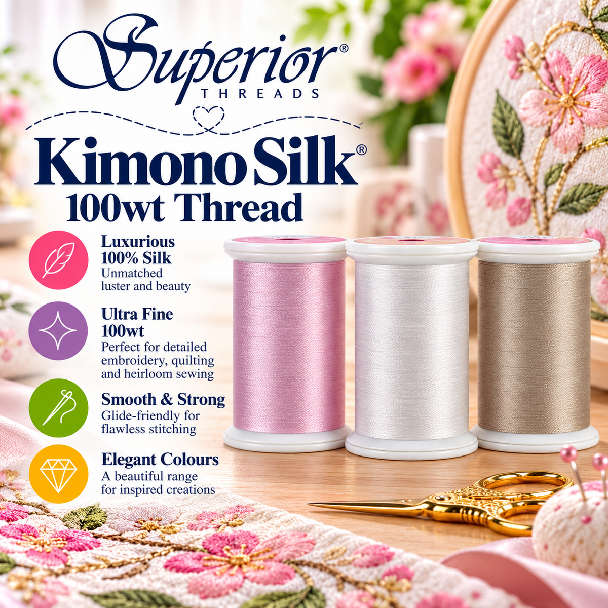Superior Kimono Silk Thread 100wt | Colours & Spool Sizes