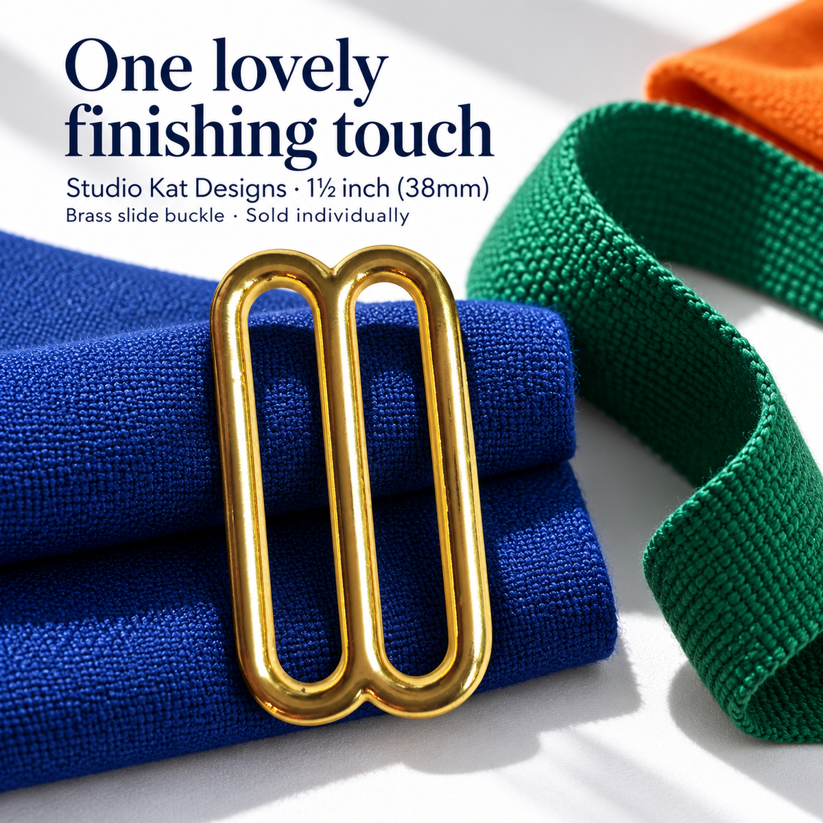 Studio Kat Designs 38mm brass slide buckle with modern cobalt and emerald fabric for inspiration. Sold individually.