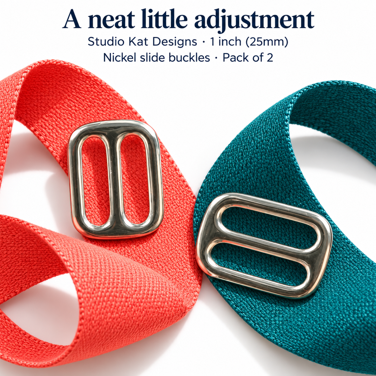 Two Studio Kat Designs 25mm nickel slide buckles on coral and teal webbing for inspiration. Pack of two.