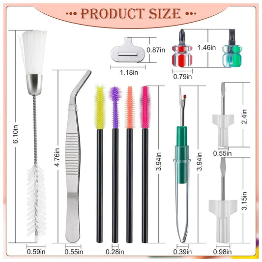 Sewing machine cleaning kit tools with individual dimensions