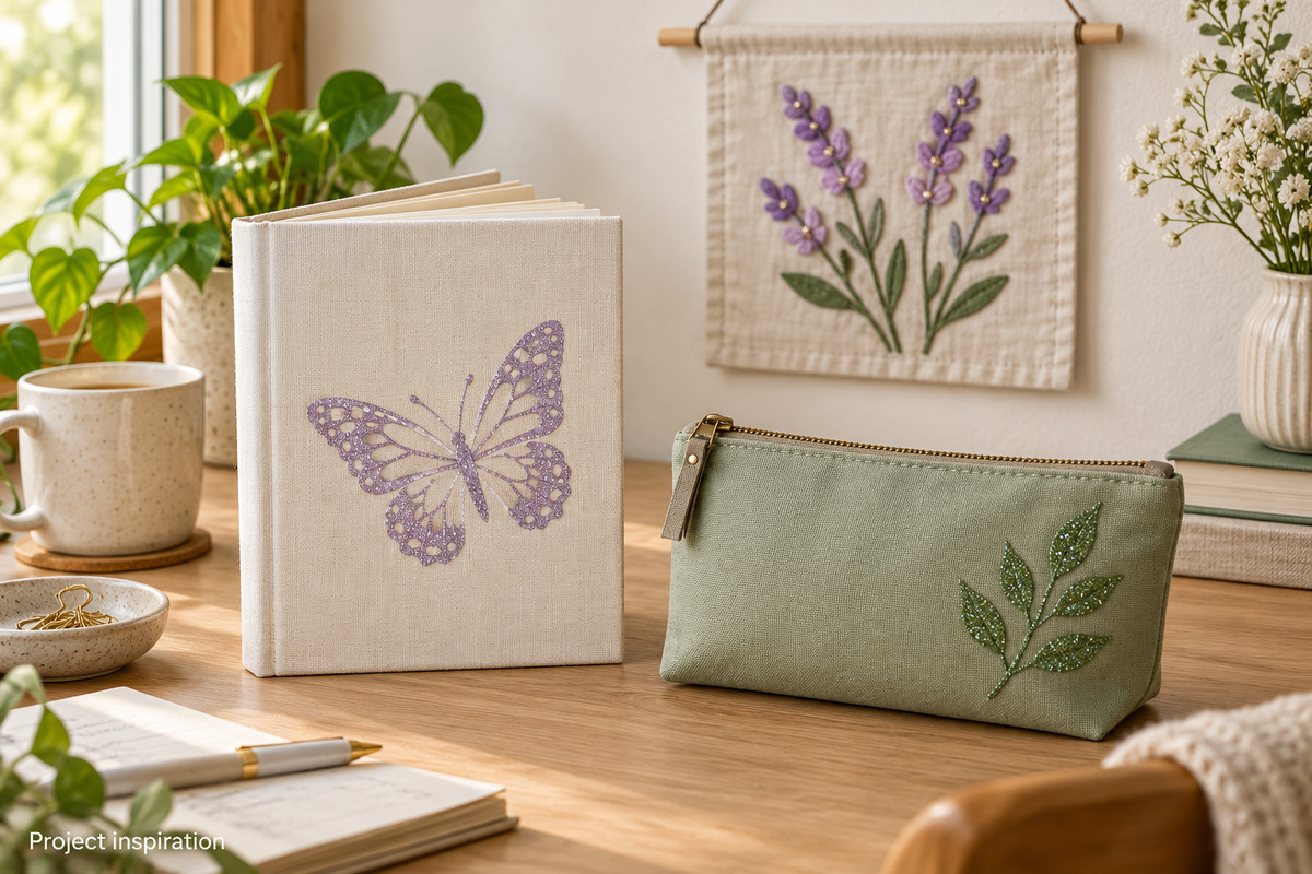 Illustrative Sparkle Paste project ideas: butterfly journal, leaf pouch and floral wall hanging