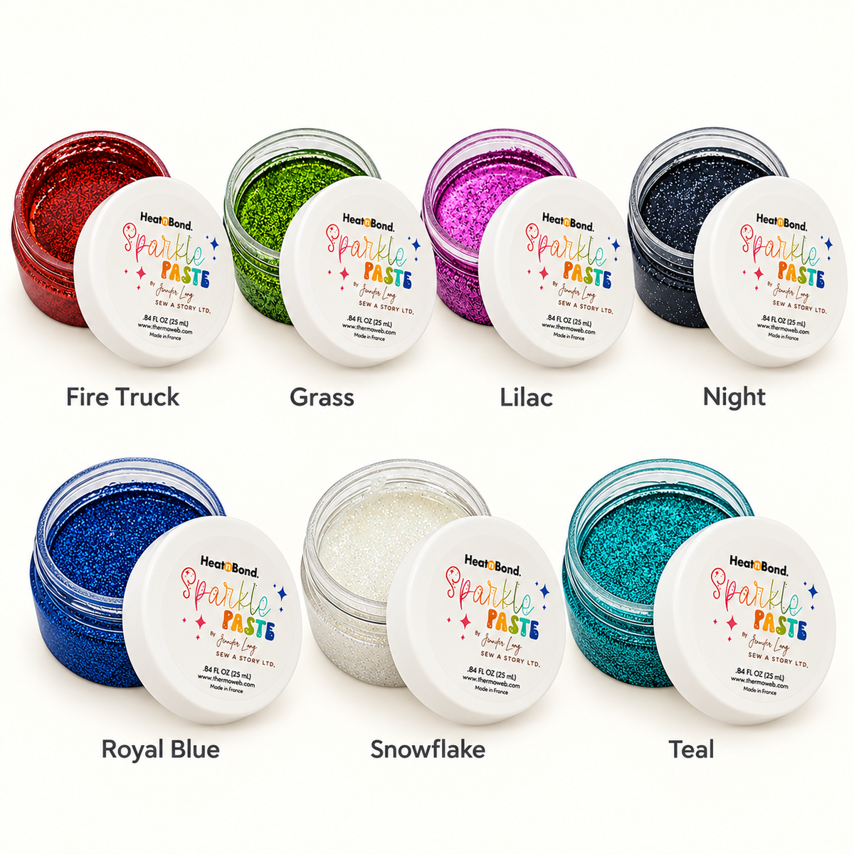 Seven Sparkle Paste colour choices: Fire Truck, Grass, Lilac, Night, Royal Blue, Snowflake and Teal; sold separately