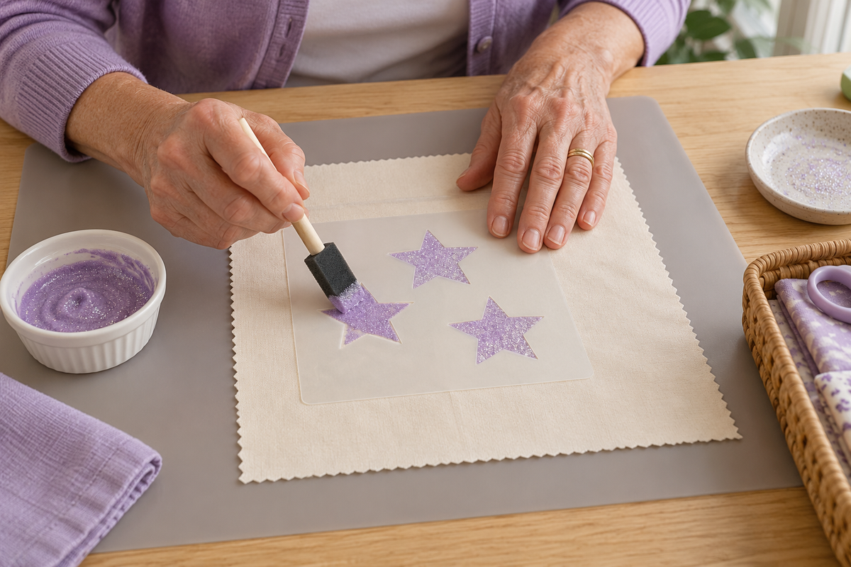 Step 1: apply Sparkle Paste through a stencil to ivory fabric