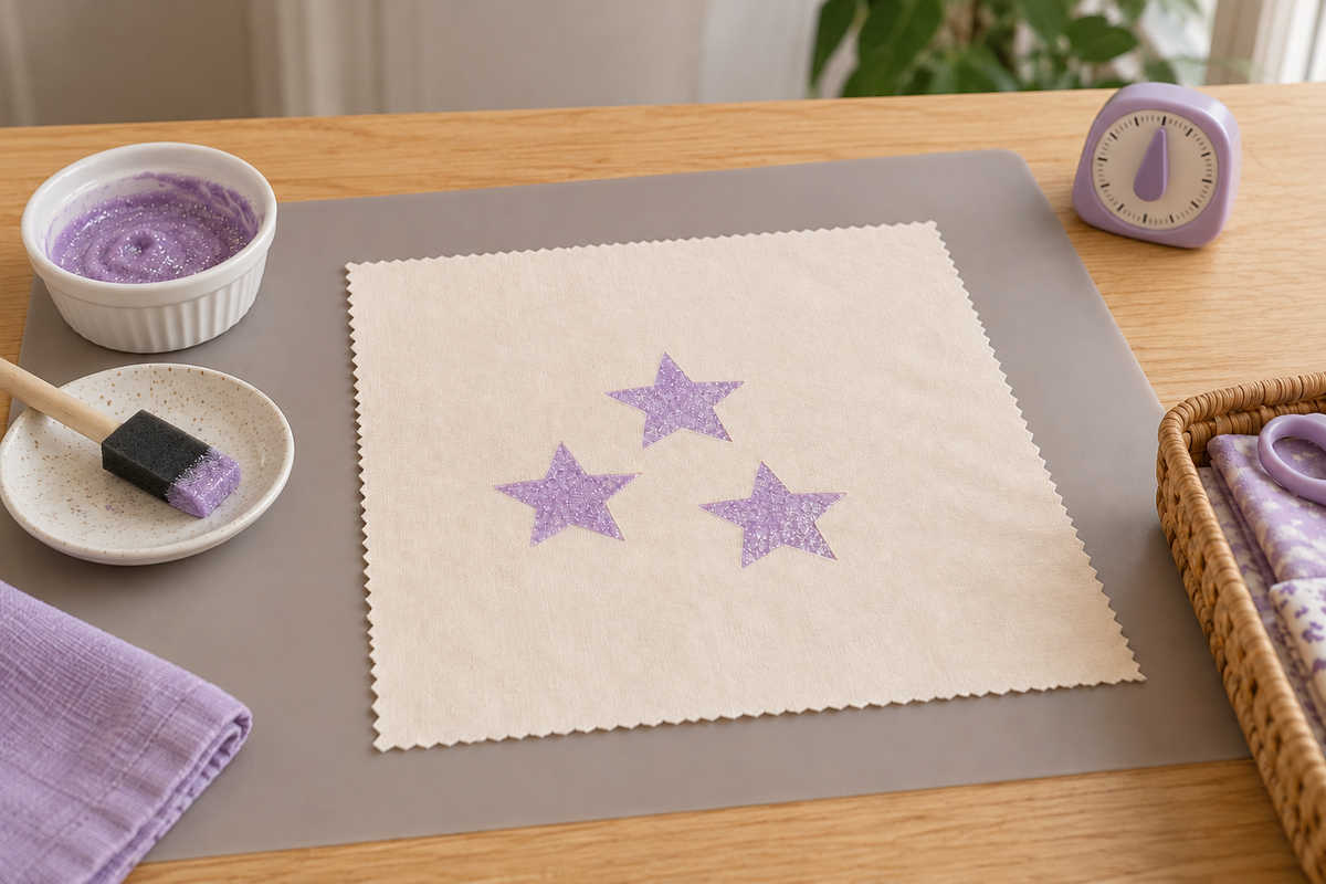 Step 2: leave the same fabric and lavender stars flat to dry