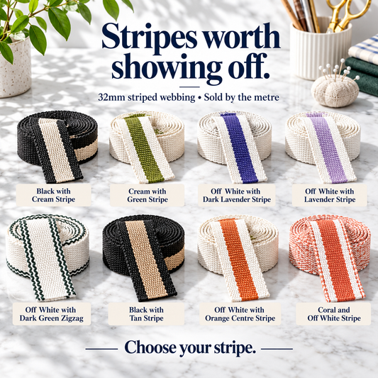 All eight 32mm striped webbing colourways, sold by the metre. Each stripe is a separate colour choice.