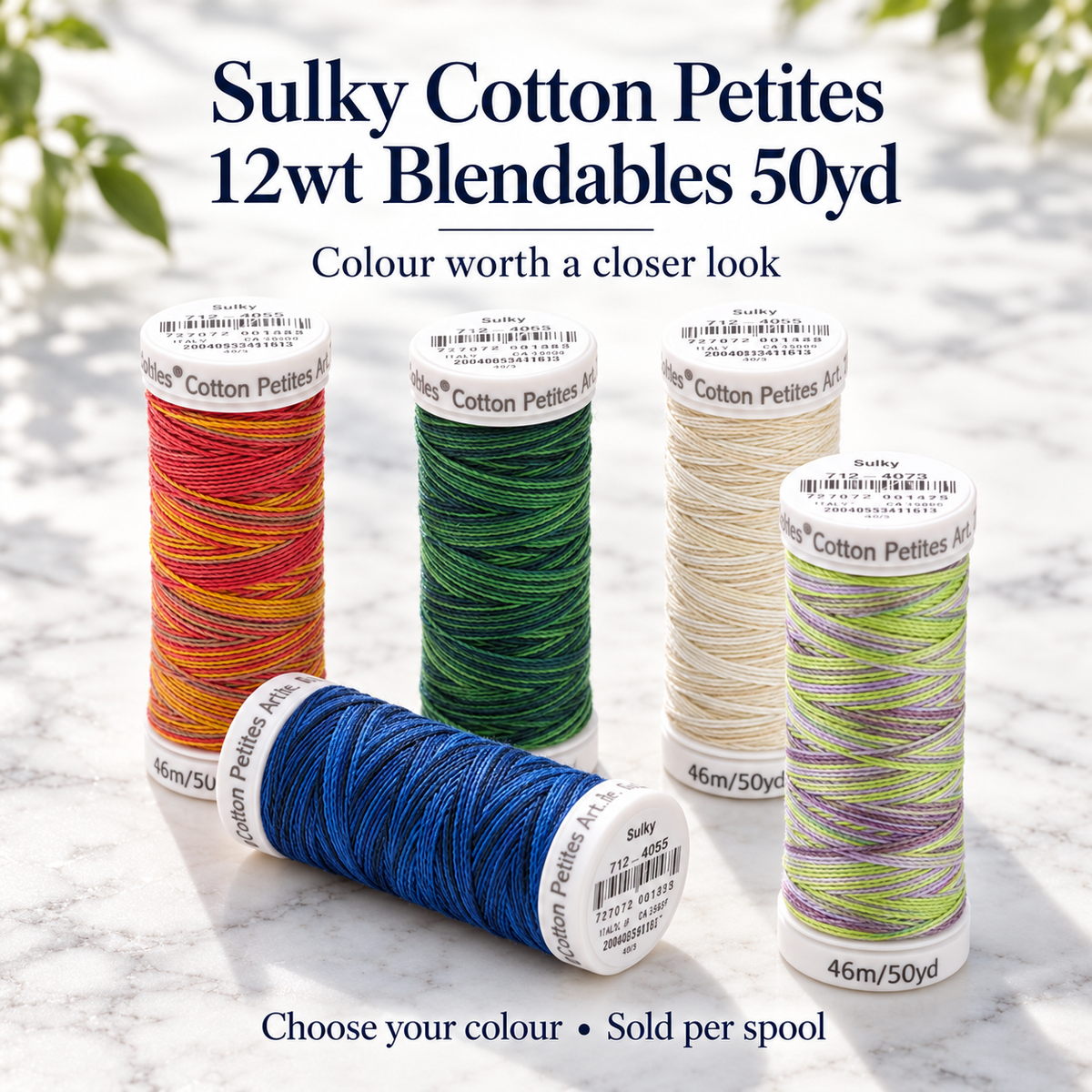 Sulky Cotton Petites 12wt Blendables 50yd | 30 Colours – representative colour choices