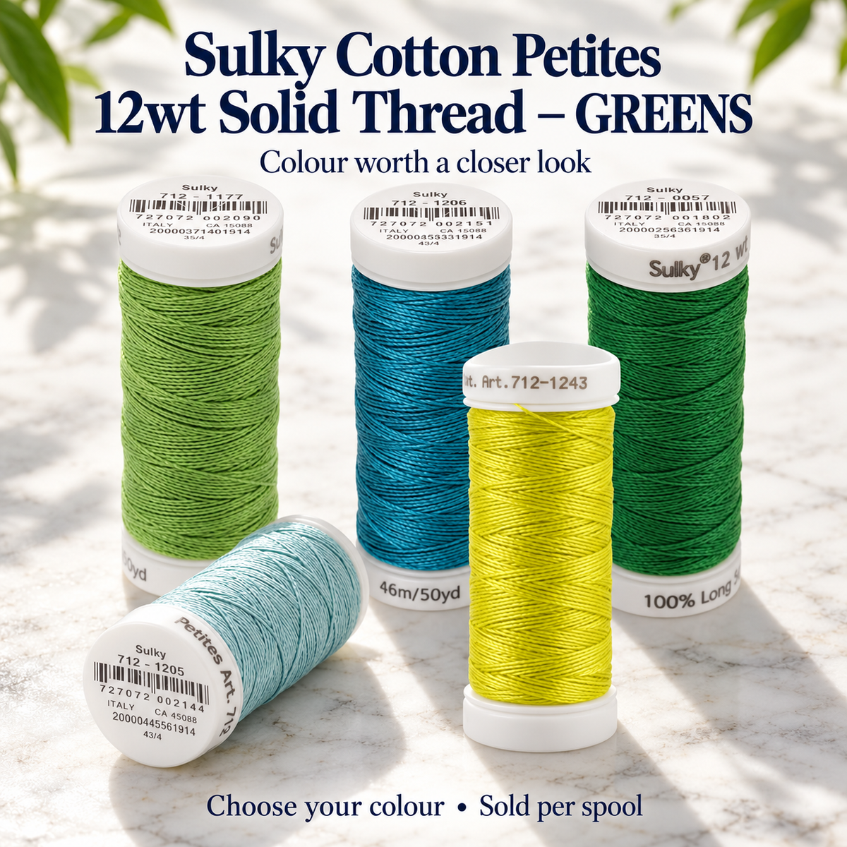 Sulky Cotton Petites 12wt Solid Thread – GREENS – representative colour choices