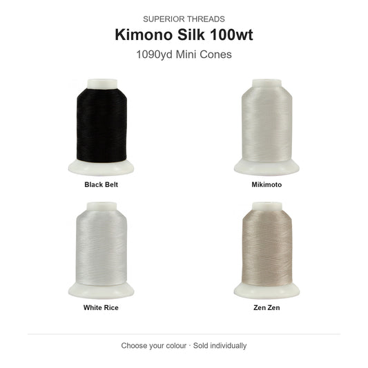 Superior Kimono Silk 100wt 1090yd mini cones in Black Belt, Mikimoto, White Rice and Zen Zen; sold individually