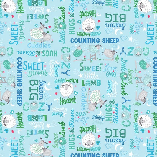 Sweet & Cozy Words Sky Blue - Everything Fabric