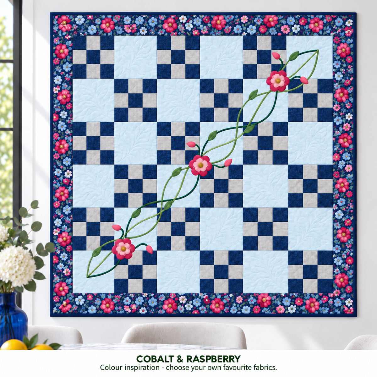 The Woven Garden Irish Chain quilt - Cobalt and Raspberry colour inspiration; alternative fabric idea for the same 42-inch PDF pattern