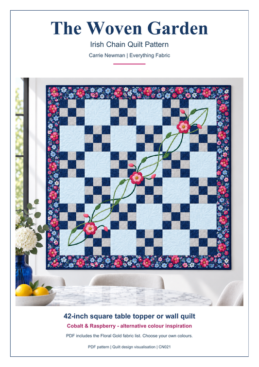 The Woven Garden pattern cover by Carrie Newman – Cobalt & Raspberry colour inspiration; PDF includes the Floral Gold fabric list