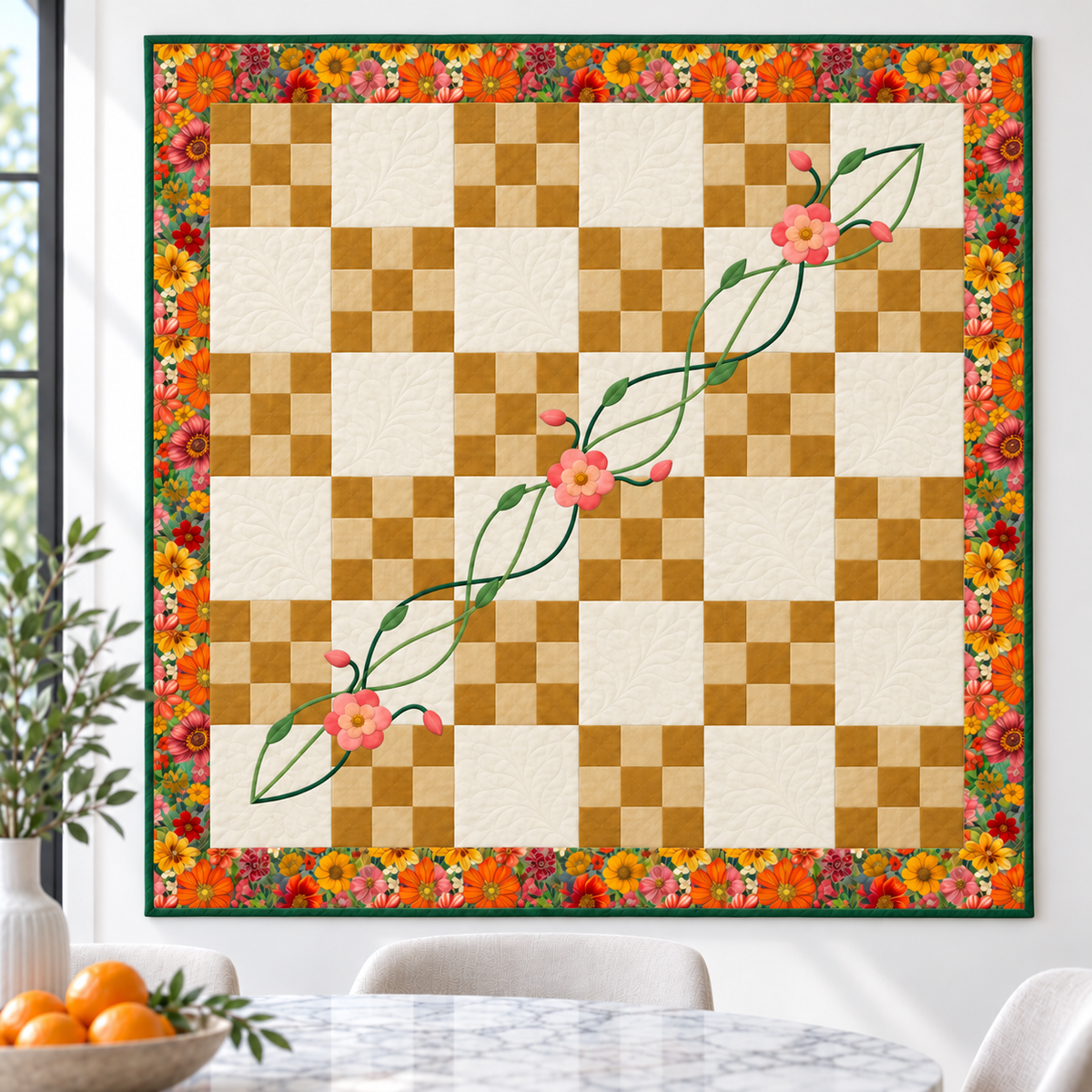 The Woven Garden Irish Chain quilt pattern by Carrie Newman - Floral Gold with coral flowers and three woven green vines