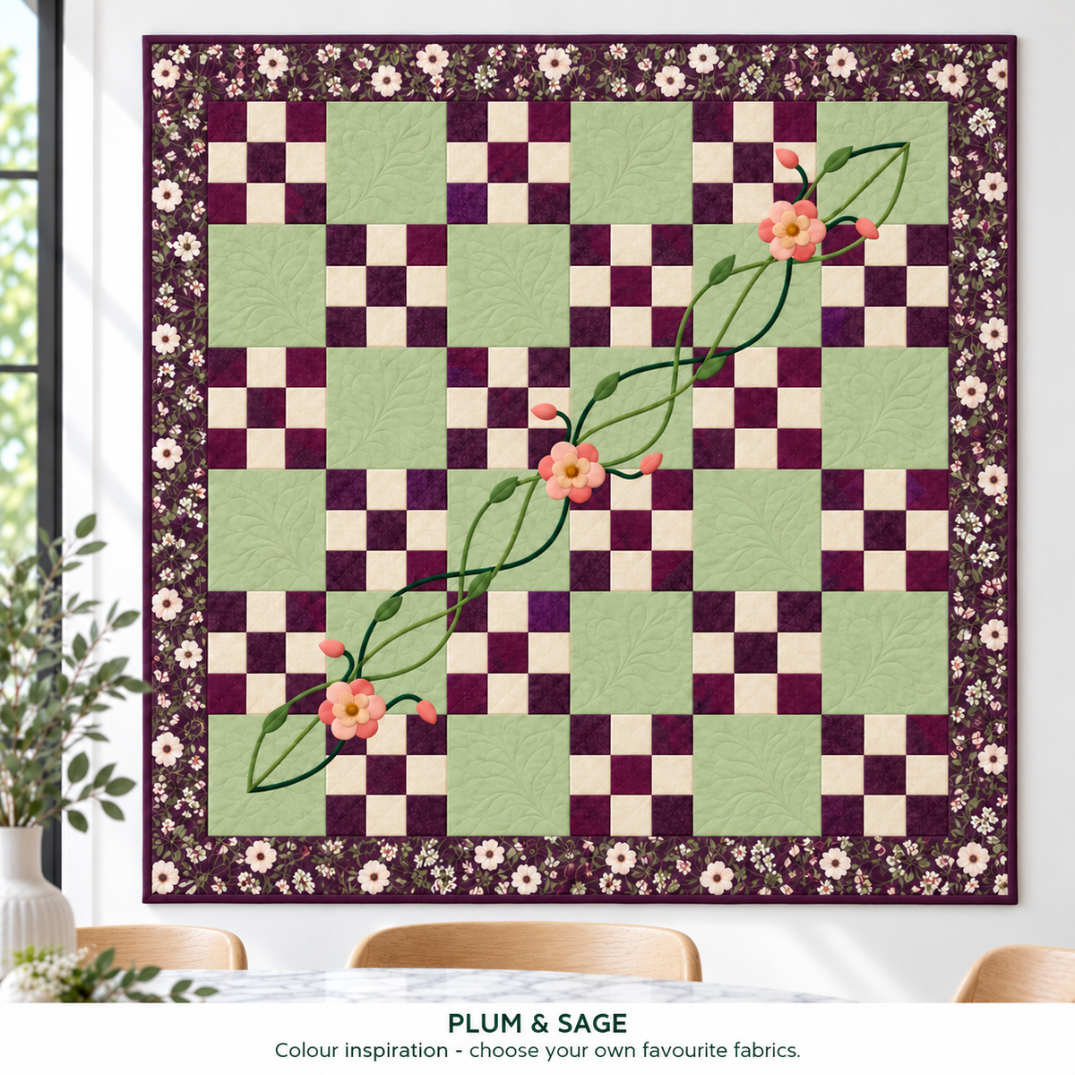 The Woven Garden Irish Chain quilt - Plum and Sage colour inspiration; alternative fabric idea for the same 42-inch PDF pattern