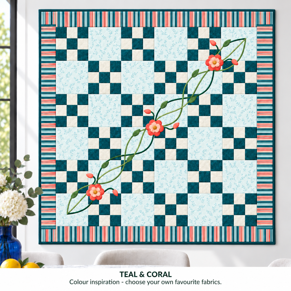 The Woven Garden Irish Chain quilt - Teal and Coral colour inspiration; alternative fabric idea for the same 42-inch PDF pattern