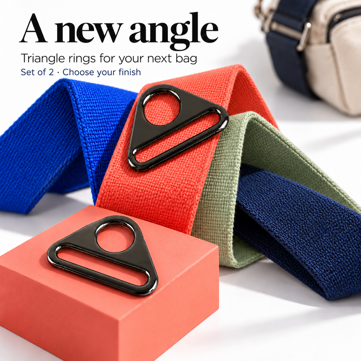 25mm gunmetal triangle rings displayed as a set of two with colourful strap inspiration; choose your finish