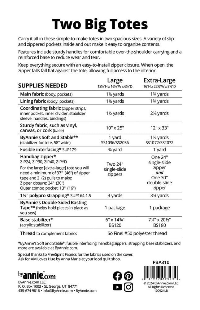 Two Big Totes Pattern PBA310 - Everything Fabric