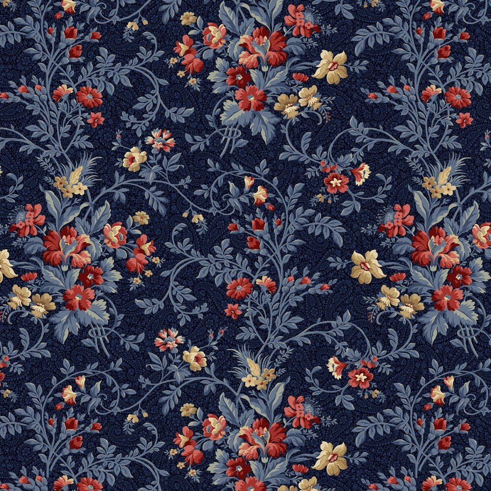 Victory Garden - Navy Large Vintage Floral Vine - Everything Fabric