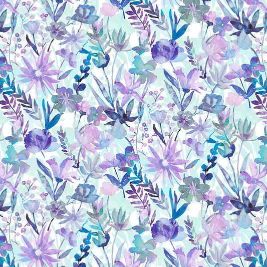 Whispering Gardens - Watercolor Blue/Violet Floral 108in WideBack - Everything Fabric