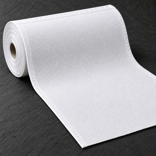 White huck fabric unrolling on a charcoal background, with a fine diamond weave, hemmed sides and a raw cut end