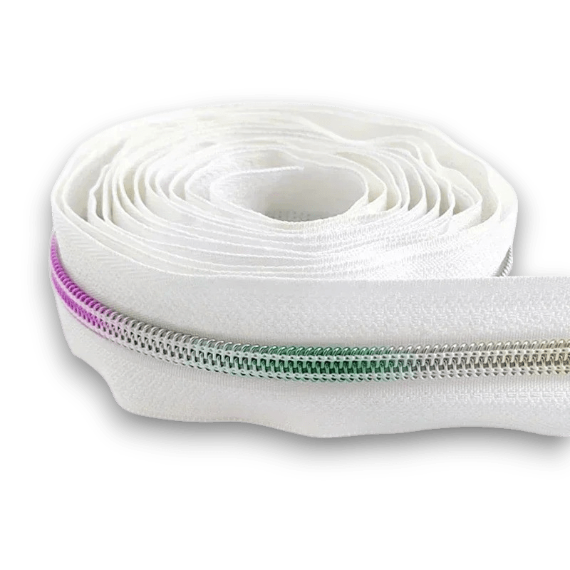 White Zipper Tape 5 Nylon - Rainbow Teeth - Everything Fabric