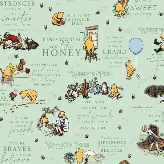 Winnie the Pooh Quotes Green - Flannel - Everything Fabric