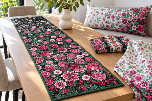 Winterberry making inspiration: Black floral ombré table runner, lighter Sage cushion and coordinating berry stripe