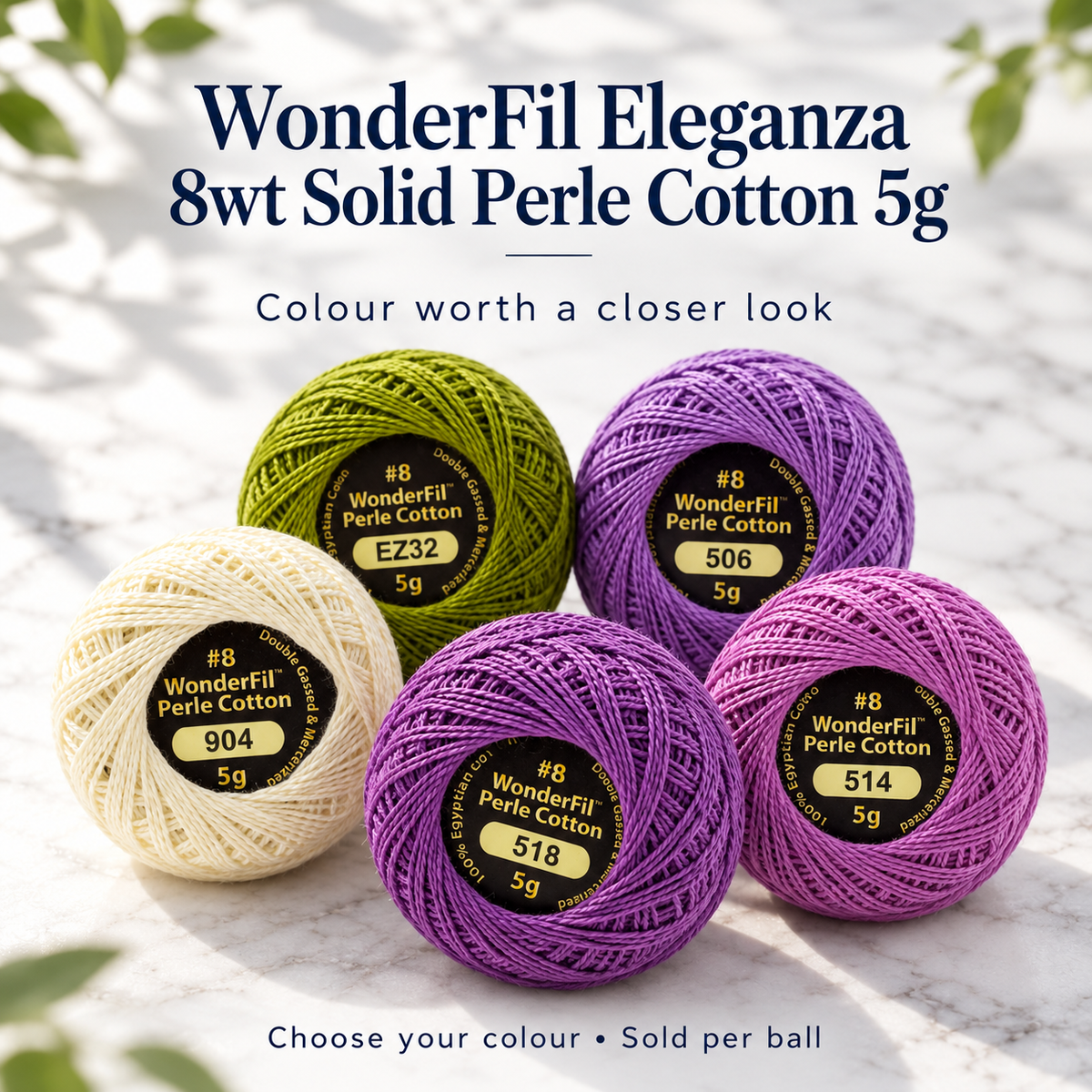 WonderFil Eleganza 8wt Solid Perle Cotton 5g | 29 Colours – representative colour choices